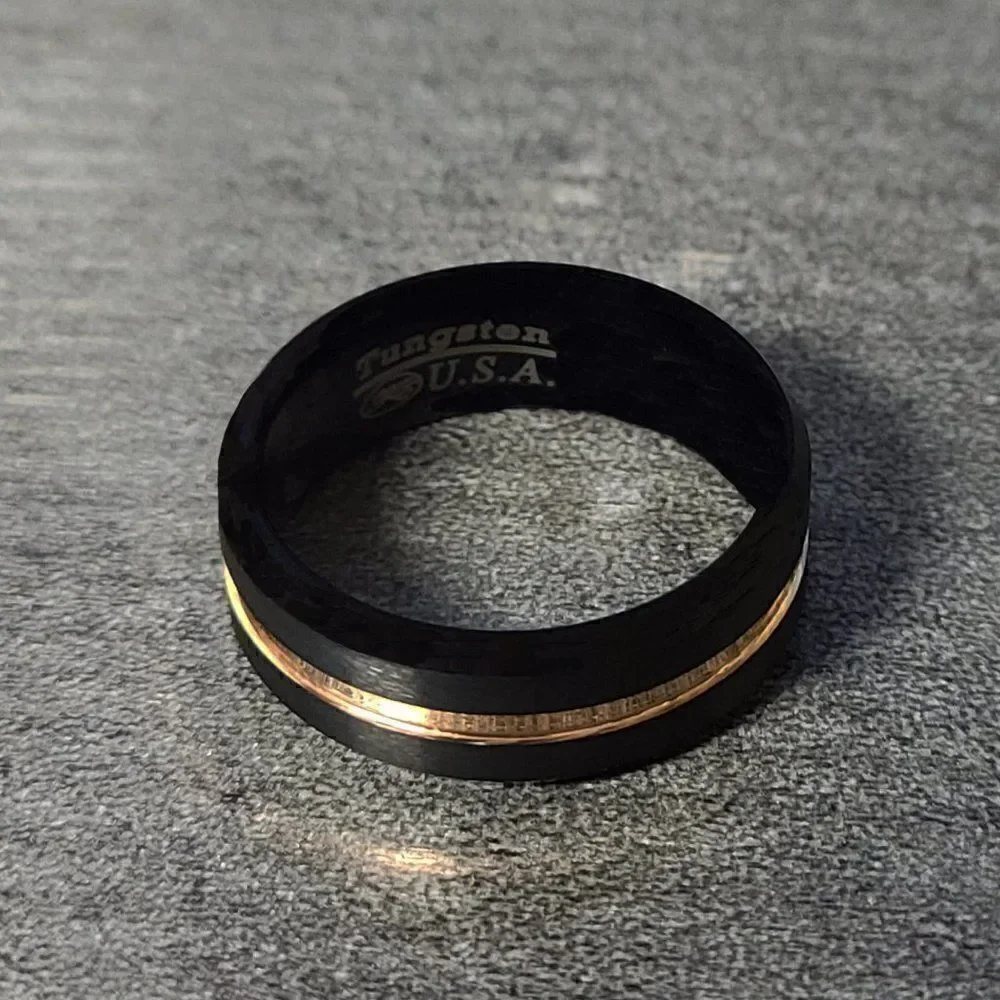 Engraved Men's Real Black Tungsten Wedding Ring With Gold Line Center Groove